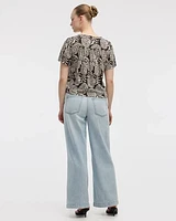 Short-Flutter-Sleeve V-Neck Buttoned-Down Blouse