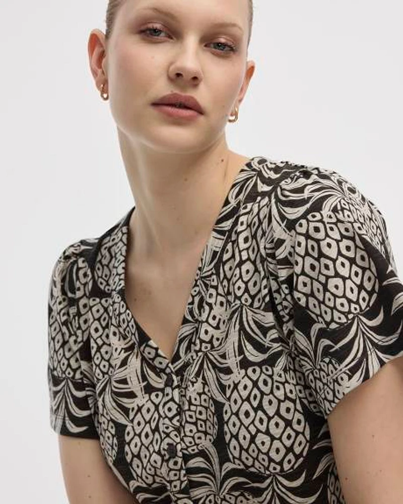 Short-Flutter-Sleeve V-Neck Buttoned-Down Blouse