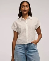 Short-Sleeve Eyelet Top with Shirt Collar