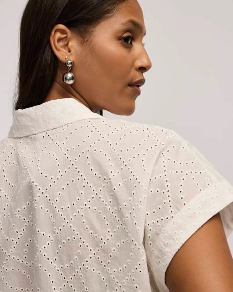 Short-Sleeve Eyelet Top with Shirt Collar