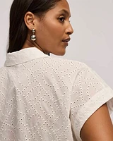 Short-Sleeve Eyelet Top with Shirt Collar