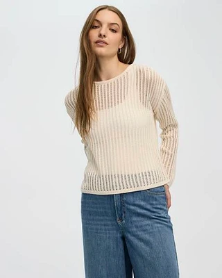 Long-Sleeve Boat-Neck Open-Stitch Pullover