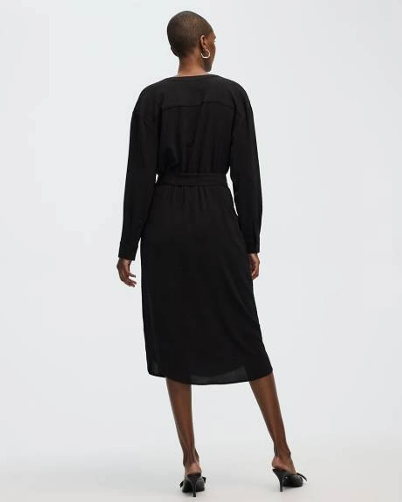 Long-Sleeve Split-Neck Satin Dress