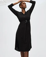 Long-Sleeve Split-Neck Satin Dress