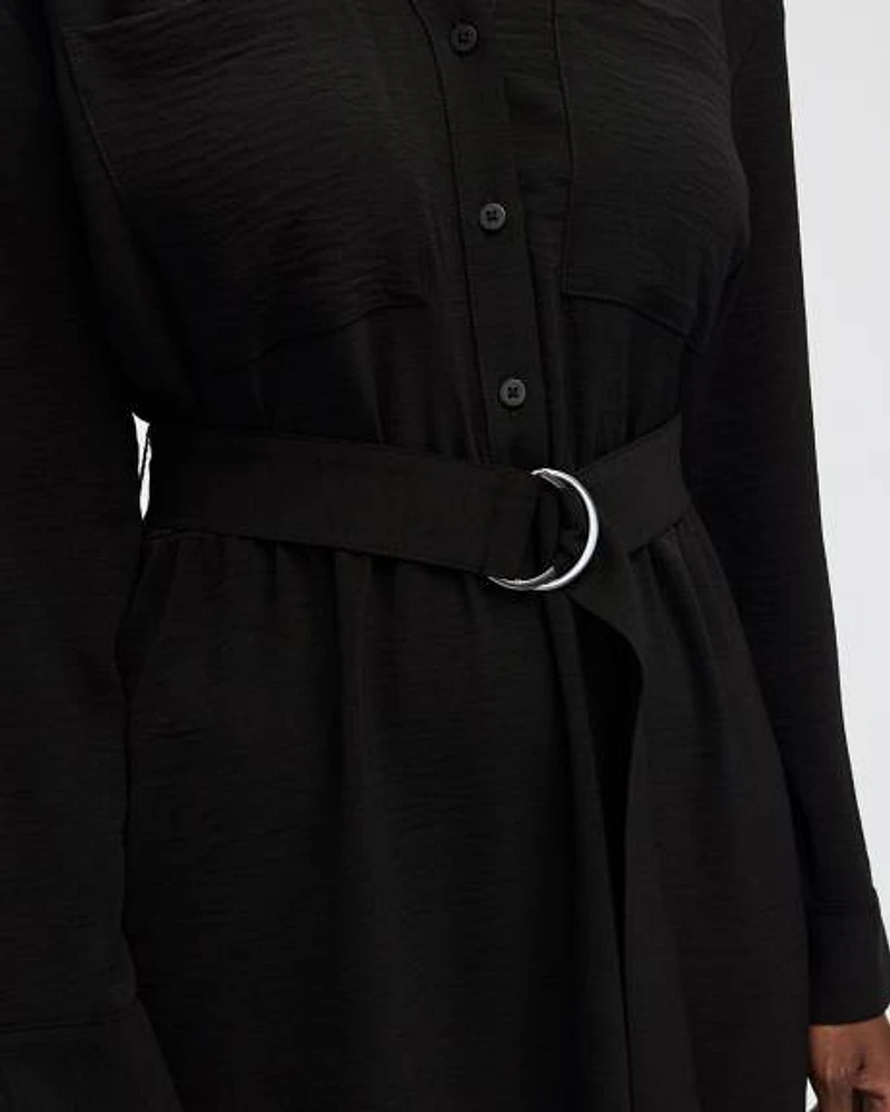 Long-Sleeve Split-Neck Satin Dress