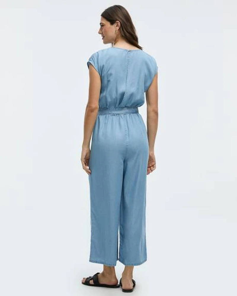 Straight-Leg Short-Sleeve Jumpsuit with Crew Neckline