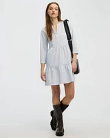 Long-Sleeve Split-Neck Tiered Dress