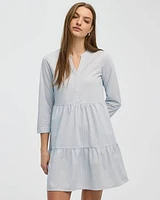 Long-Sleeve Split-Neck Tiered Dress