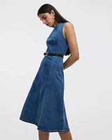 Sleeveless Fit-and-Flare Denim Midi Dress