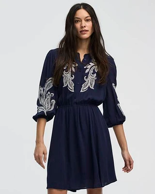 Long-Sleeve Crew-Neck Dress with Embroidered Details