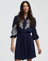 Long-Sleeve Crew-Neck Dress with Embroidered Details
