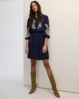 Long-Sleeve Crew-Neck Dress with Embroidered Details