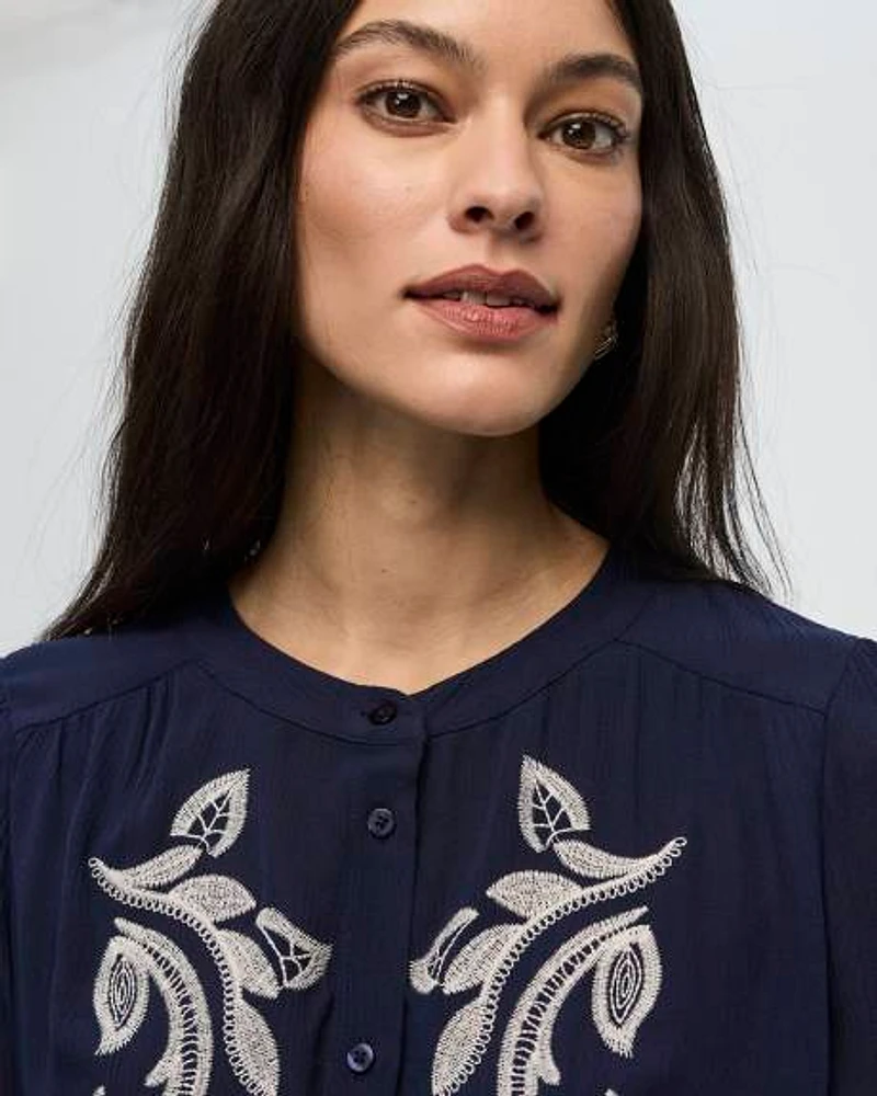 Long-Sleeve Crew-Neck Dress with Embroidered Details