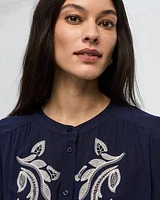 Long-Sleeve Crew-Neck Dress with Embroidered Details
