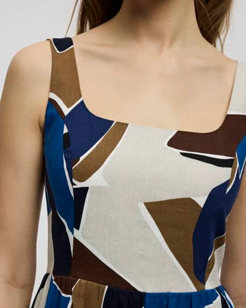 Sleeveless Linen-Blend Midi Dress with Square Neckline