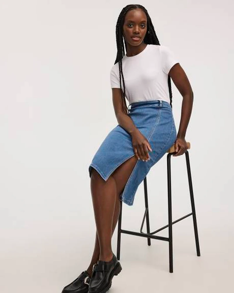 Denim Pull-On Midi Skirt