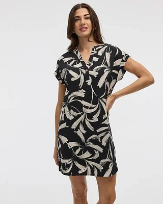 Extended-Sleeve Shift Dress with Split Neckline