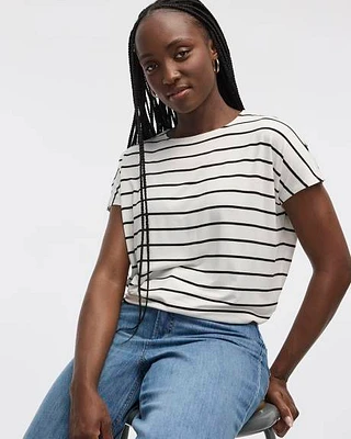 T-shirt rayé à manches courtes dolman et col bateau