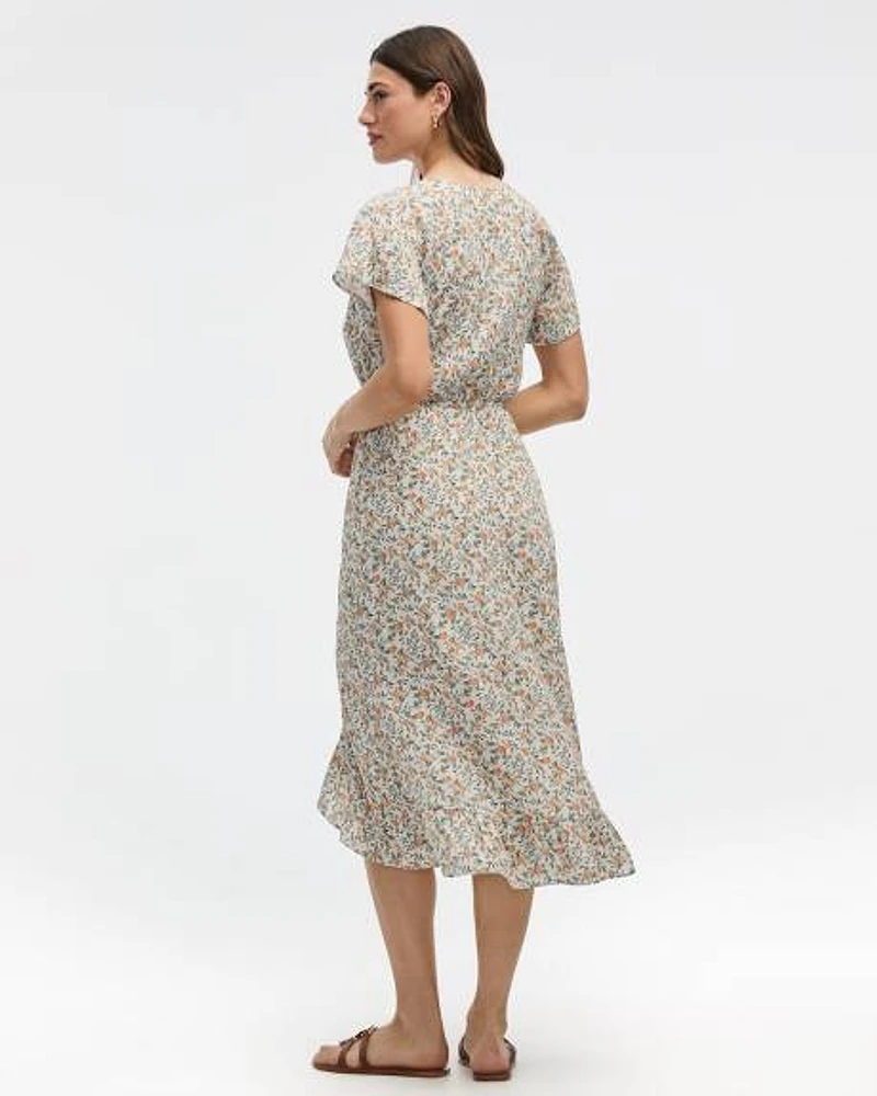 Short-Sleeve V-Neck Midi Dress with High-Low Hem