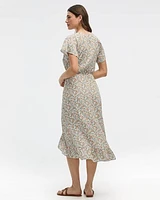 Short-Sleeve V-Neck Midi Dress with High-Low Hem