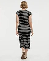 Striped Extended-Sleeve Crew-Neck Midi Dress