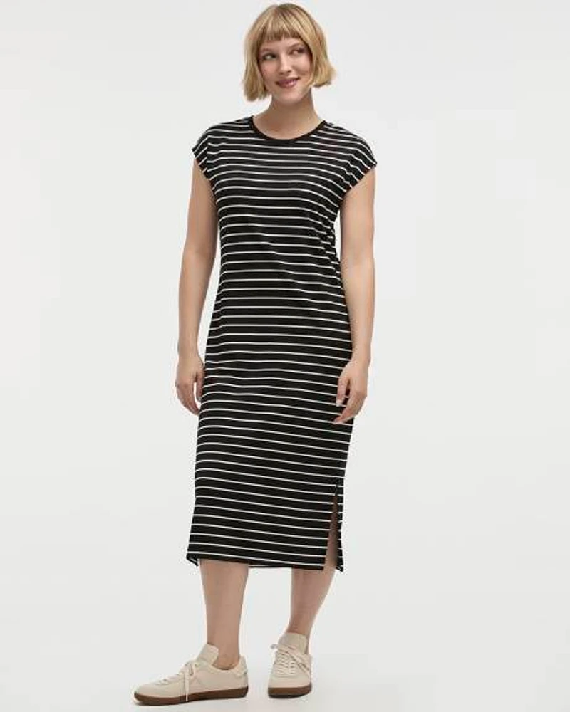 Striped Extended-Sleeve Crew-Neck Midi Dress