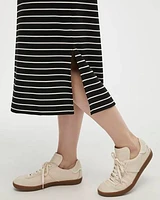 Striped Extended-Sleeve Crew-Neck Midi Dress