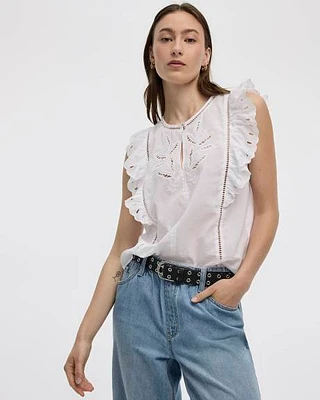 Extended-Sleeve Crew-Neck Blouse with Emboideries