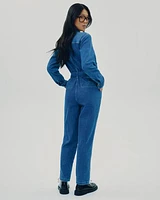 Straight-Leg Long-Sleeve Denim Jumpsuit