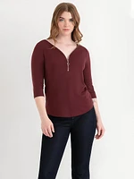 V-Neck Zipper 3/4 Sleeve Top