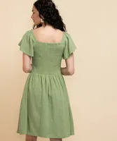 Square Neck Linen Smocked Bodice Dress