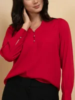 Long Sleeve V-Neck Blouse with Silver Buttons