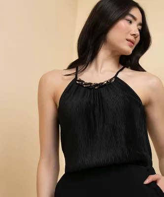Plisse Halter Top with Chain Detail