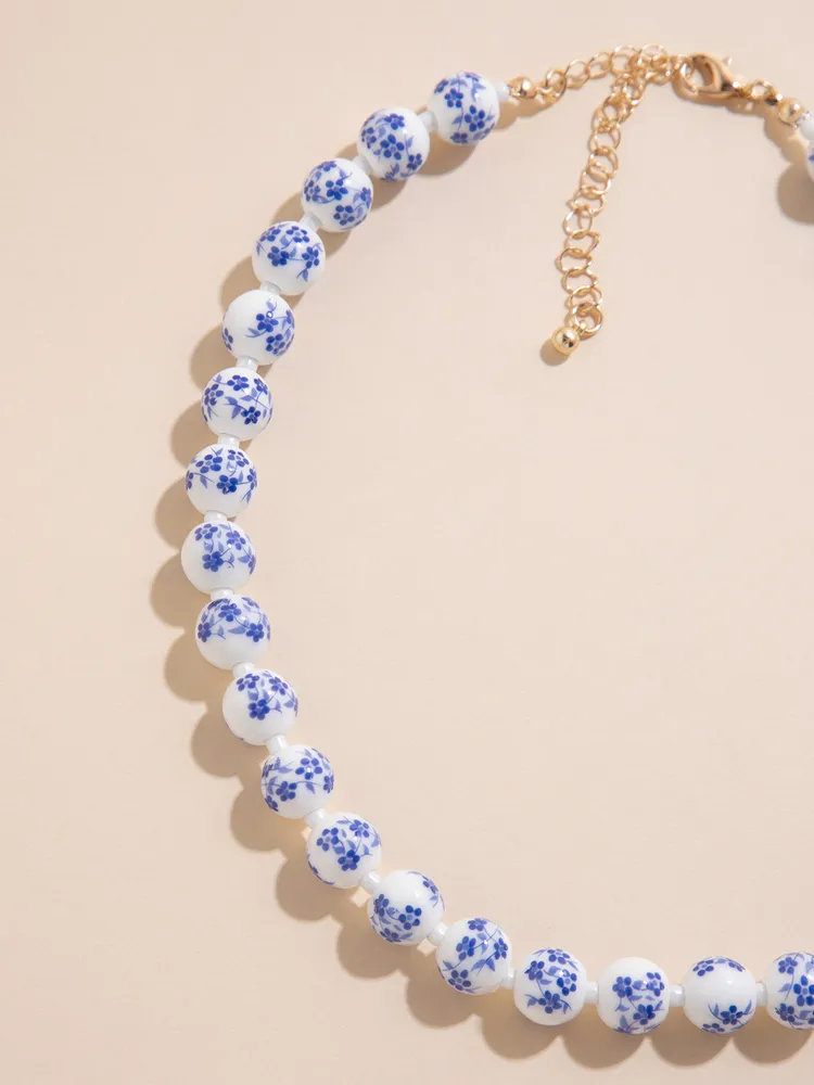 White & Blue Floral Beaded Necklace