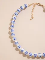White & Blue Floral Beaded Necklace