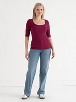 Ribbed Scoop Neck Top with Elbow Sleeves