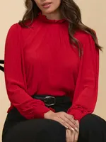 Ruffle Neck Crinkle Knit Long Sleeve Blouse
