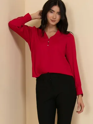 Long Sleeve V-Neck Blouse with Silver Buttons