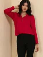 Long Sleeve V-Neck Blouse with Silver Buttons