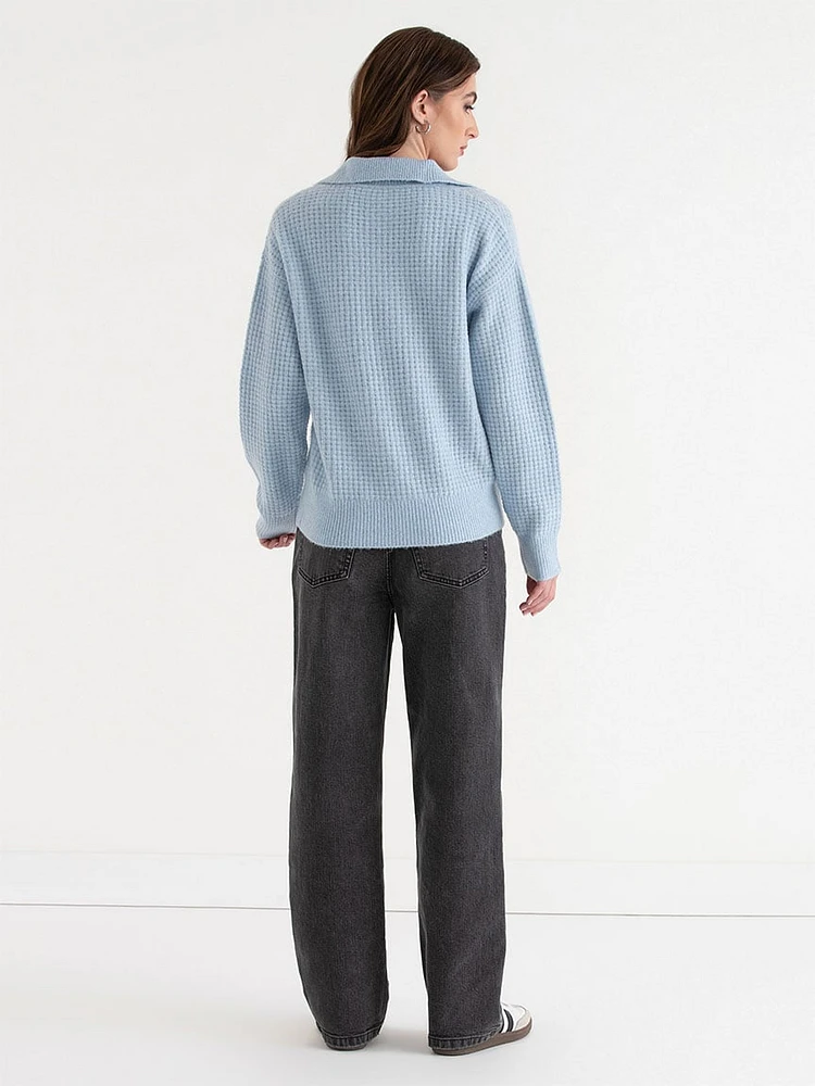 Open Collar Waffle Sweater
