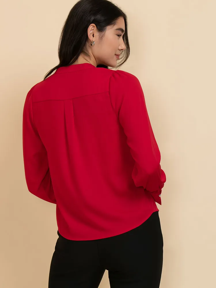Long Sleeve V-Neck Blouse with Silver Buttons