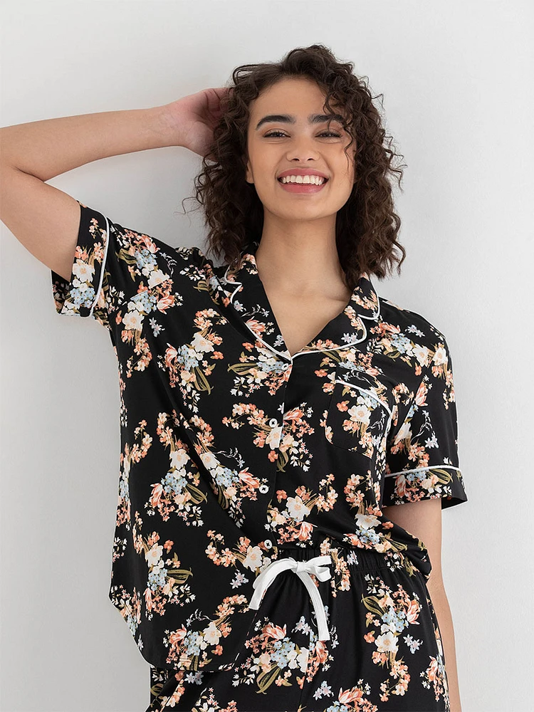 Short Sleeve Button Down Shirt with Crop Pant Sleep Set