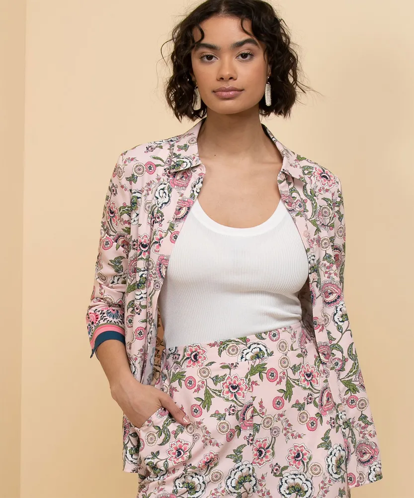 Button Front Shirt with Border Print Cuffs