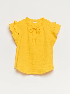 Crinkle Cotton Flutter Sleeve Blouse