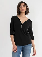 V-Neck Zipper 3/4 Sleeve Top