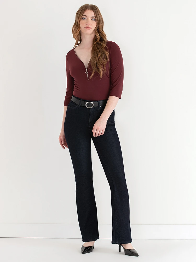 V-Neck Zipper 3/4 Sleeve Top