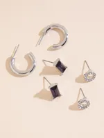 Silver Studded Pave Circle + Emerald Cut + Hoop Earring Trio