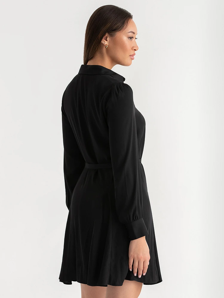 Collared Button-Front Dress with Tie Waist