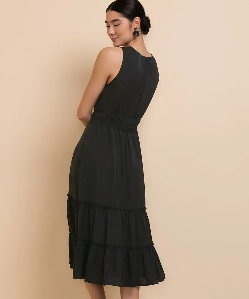 Sleeveless Ruffle Tiered Charmeuse Satin Midi Dress