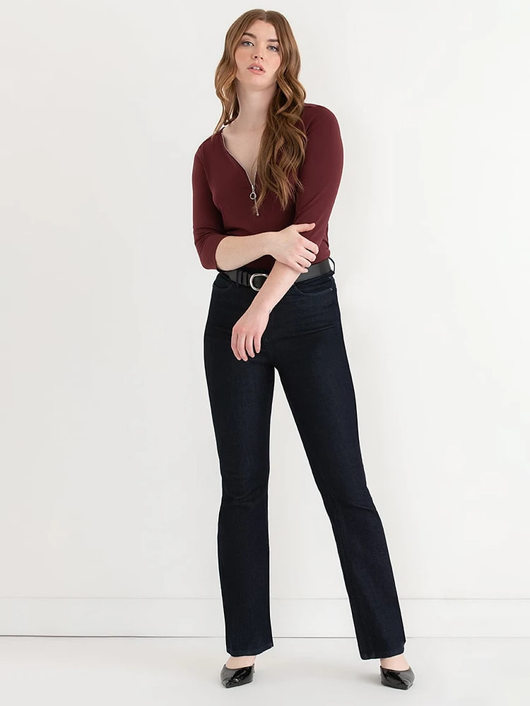 V-Neck Zipper 3/4 Sleeve Top
